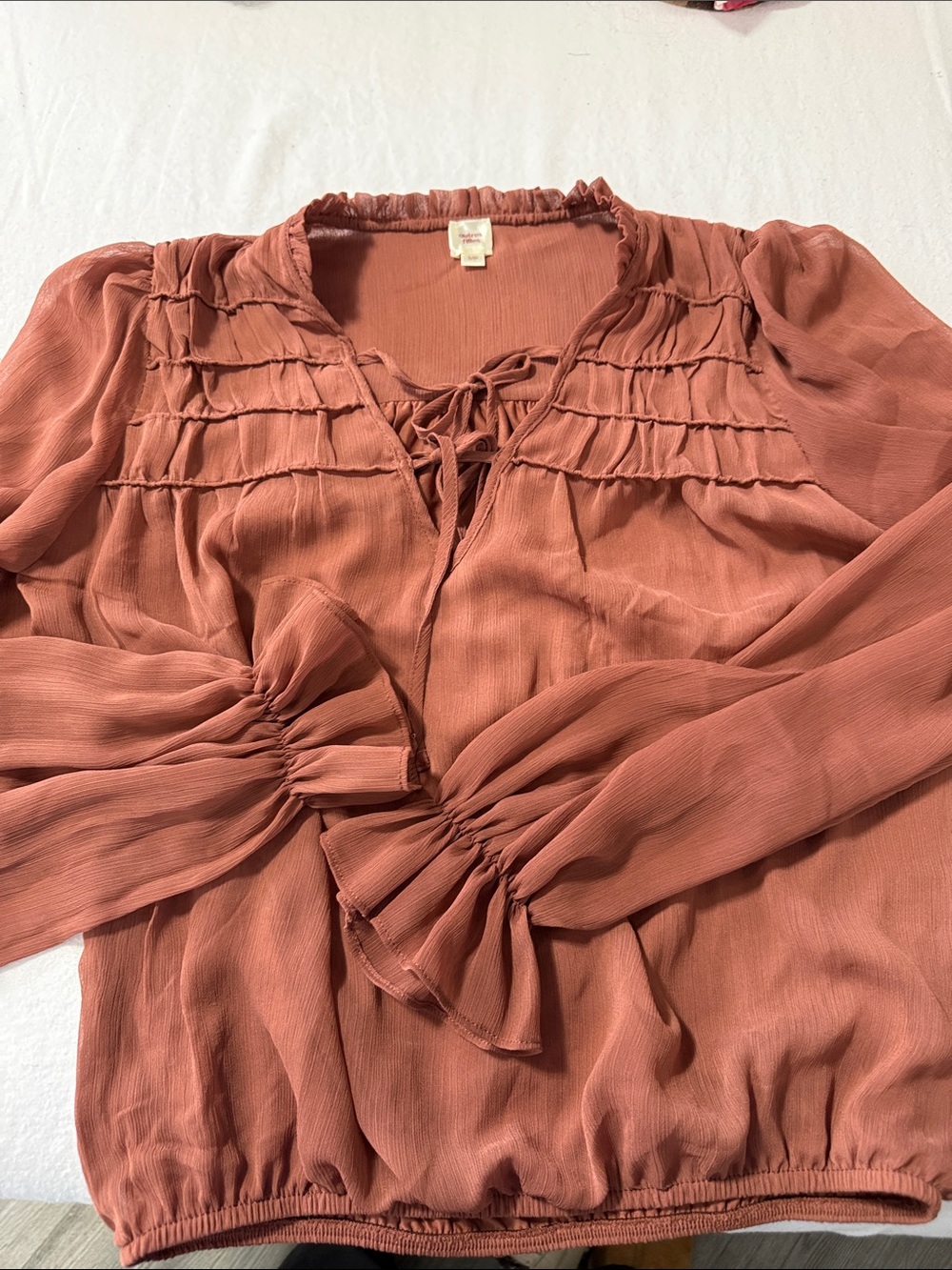Women's Rust Tie-Neck Peasant Blouse with Ruffle Yoke